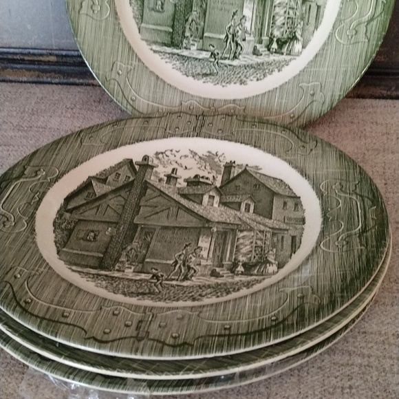 Royal China Currier & Ives Old Curiosity Shop Underglaze Green 10” Dinner Plates - Picture 3 of 8